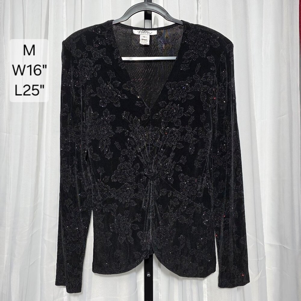 Patra Blouse Womens Medium Black Slinky Glitter Floral Knot Front V-Neck USA